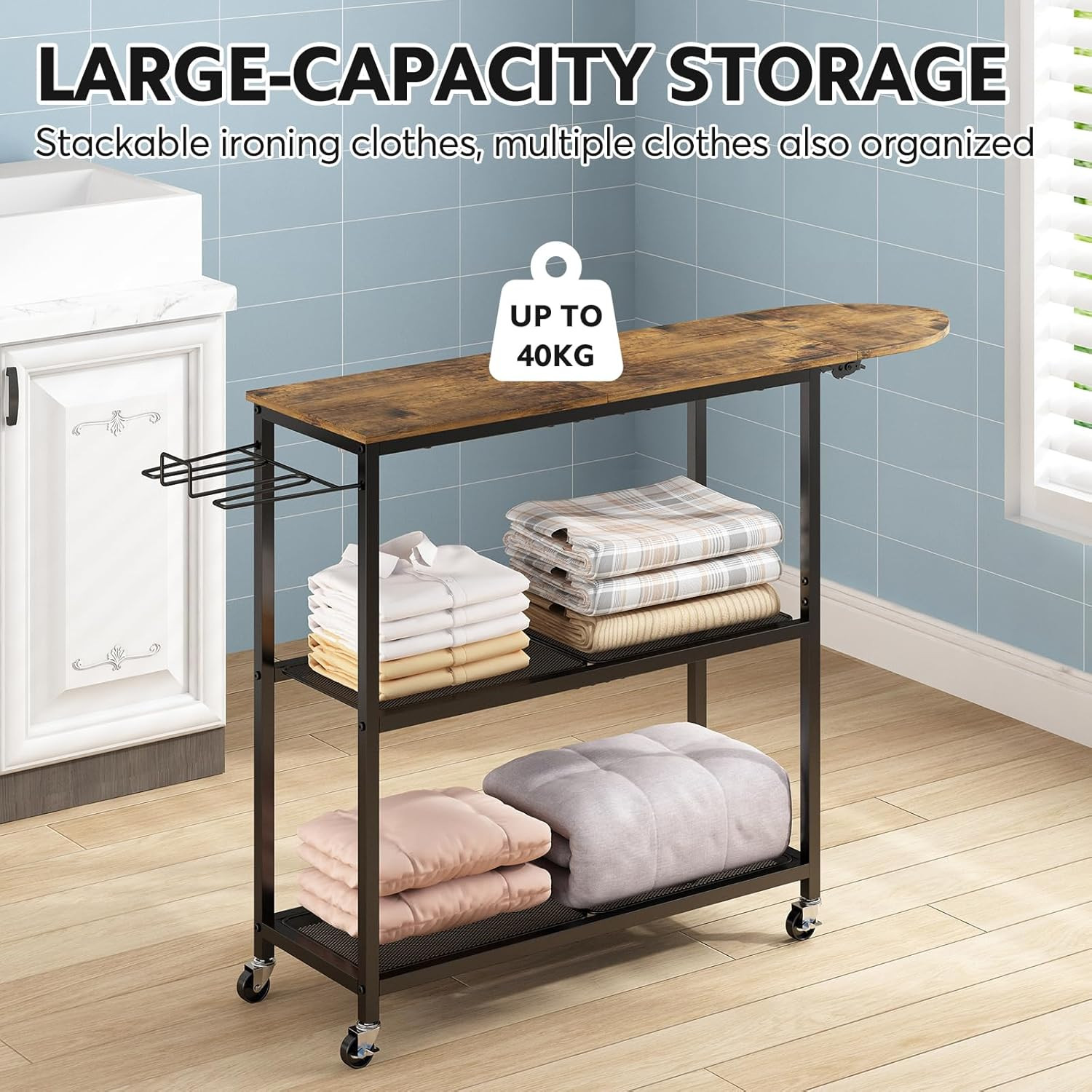 Ironing Board with 2 Tier Storage Basket, Movable Ironing Board Full Size for…