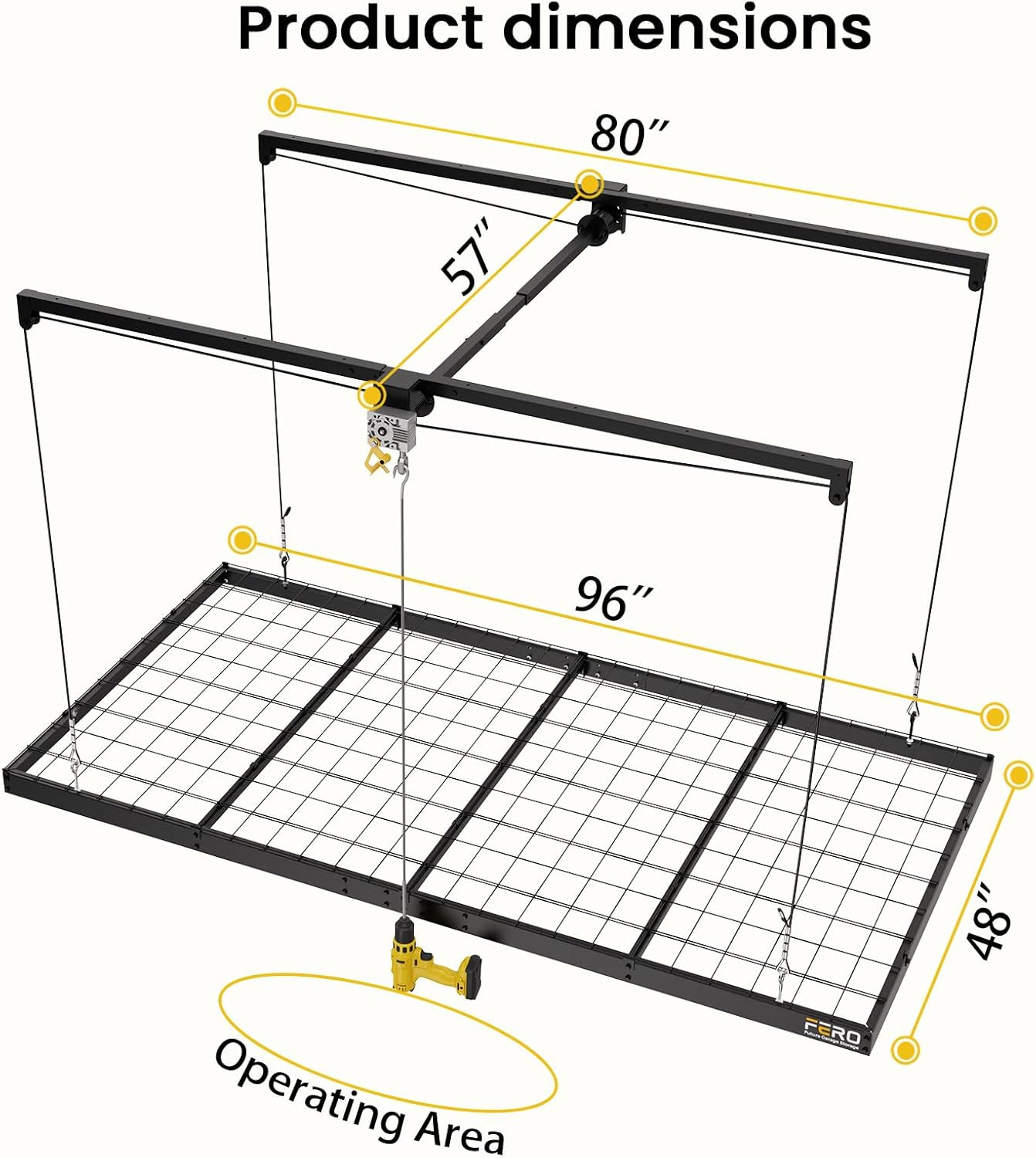 FERO Overhead Garage Storage Rack 4×8, 500 lb Heavy-Duty Capacity, Ceiling Mount