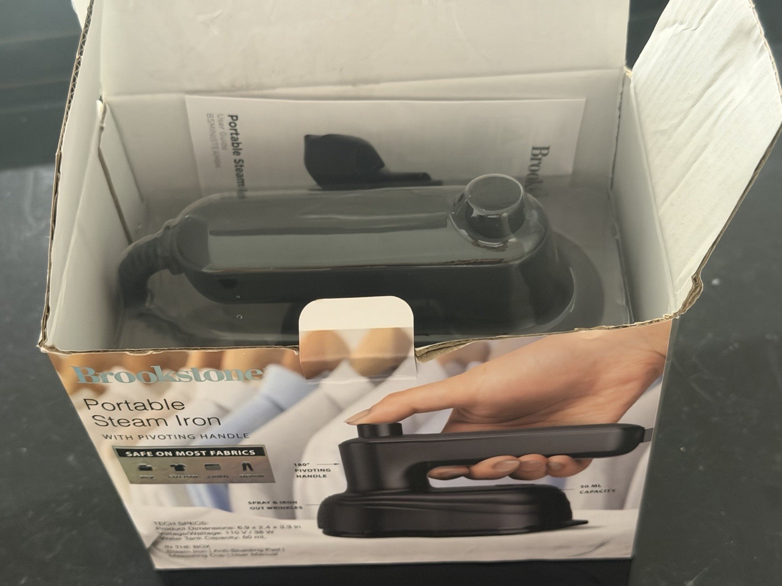 Brookstone Portable Corded Steam Iron Black 38W 110V 0.3L w/Pad Cup Manual