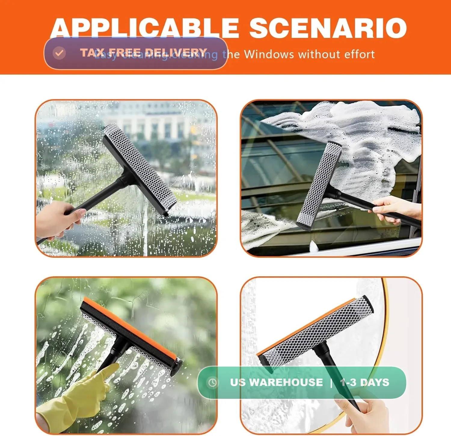 2 in1 Window Squeegee for Car, Window Cleaner with 16inch Long Handle,Sponge Car