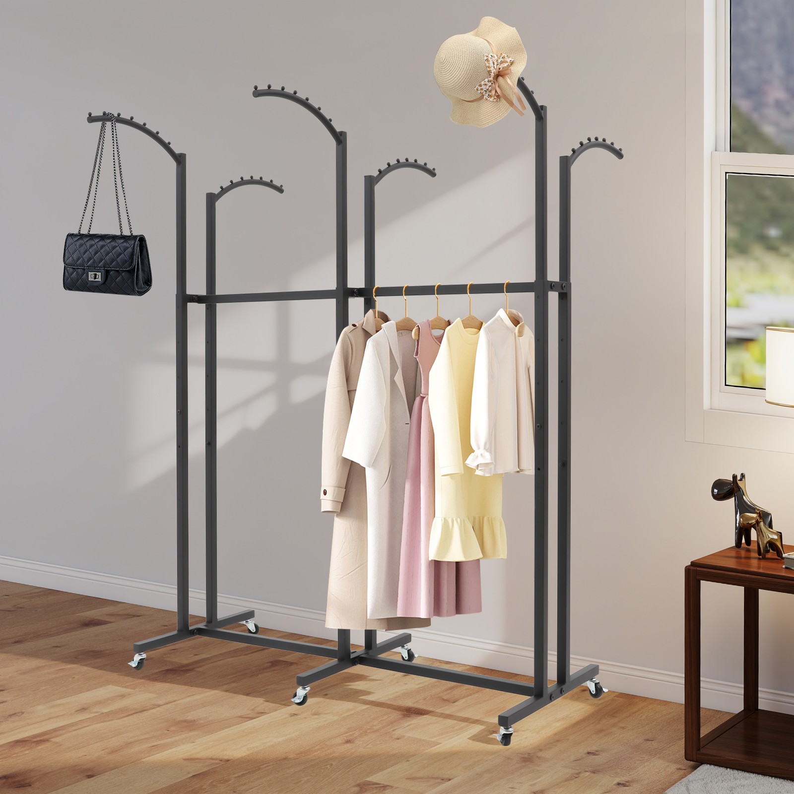 Black 6 Arms Clothing Display Rack With Wheels, 55.12-70.87in Adjustable Height