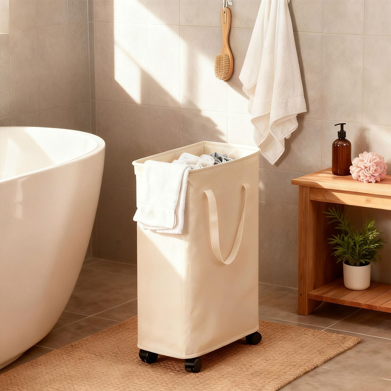 85L Rolling Laundry Hamper Lid Wheels Foldable Dirty Clothes Organizer Beige