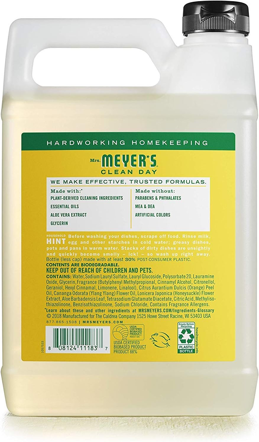 MRS. MEYER’S CLEAN DAY Liquid Dish Soap Refill, Honeysuckle, 48 Fl. Oz