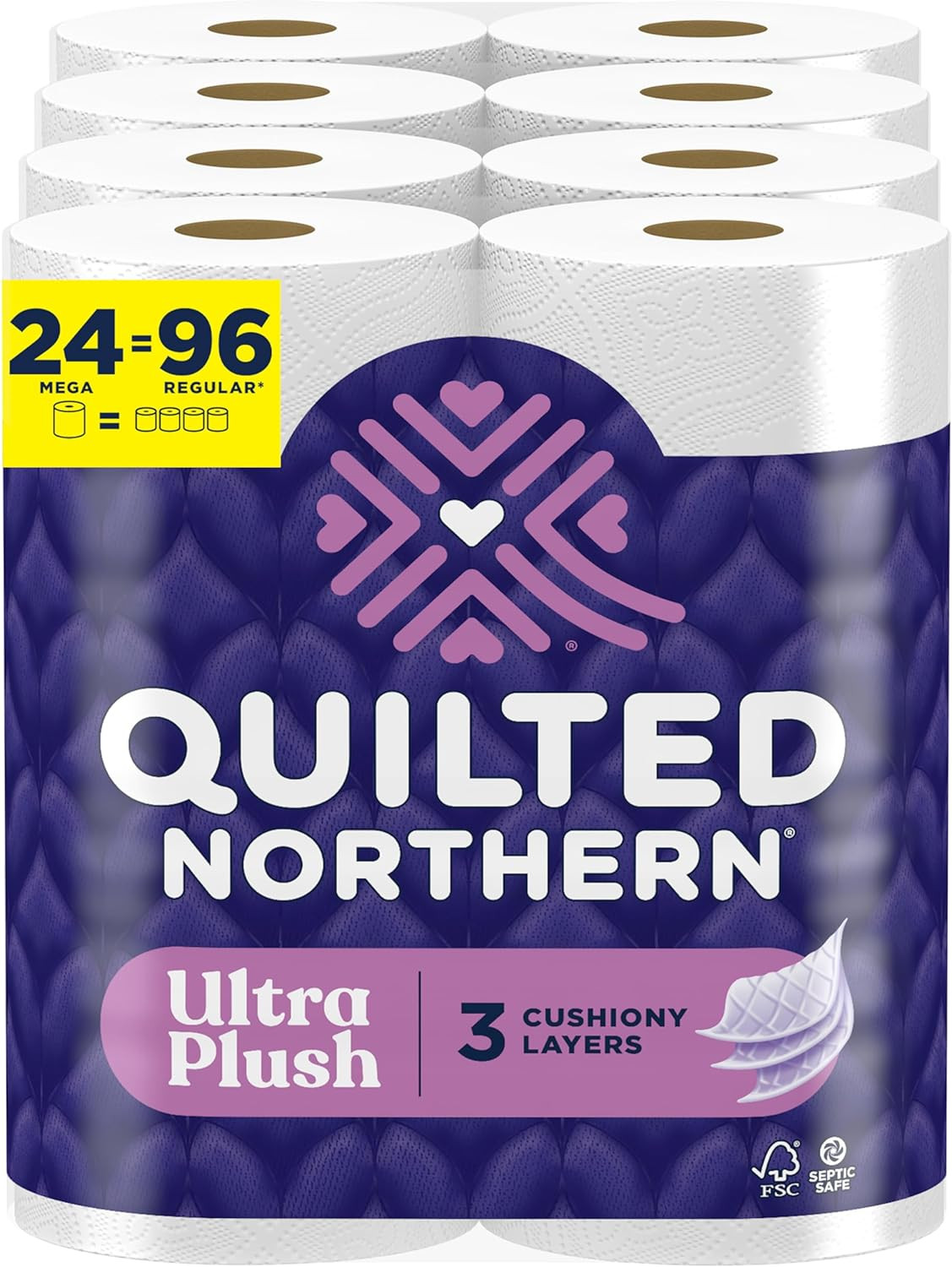 Ultra Plush Toilet Paper, 24 Mega Rolls = 96 Regular Rolls, 3X Thicker*, 3 Ply S