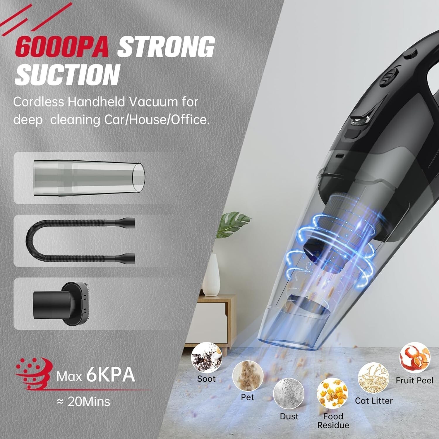 Handheld Vacuum Cordless Rechargeable, 1.65lbs, LED USB Charge, for Car/Home/Pet
