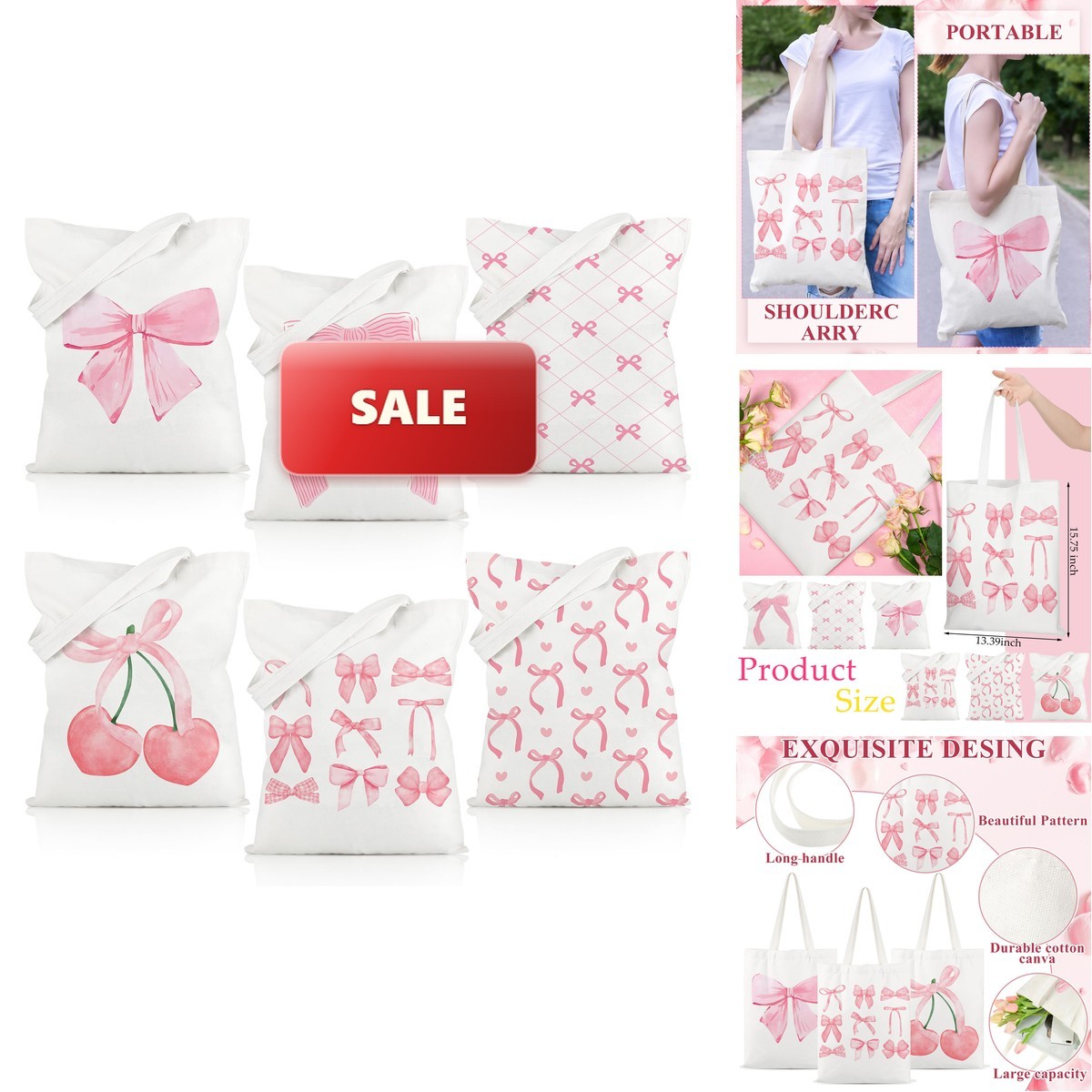 Sotiff 6 Pcs Pink Bow Coquette Canvas Tote Bag Women Party Favor