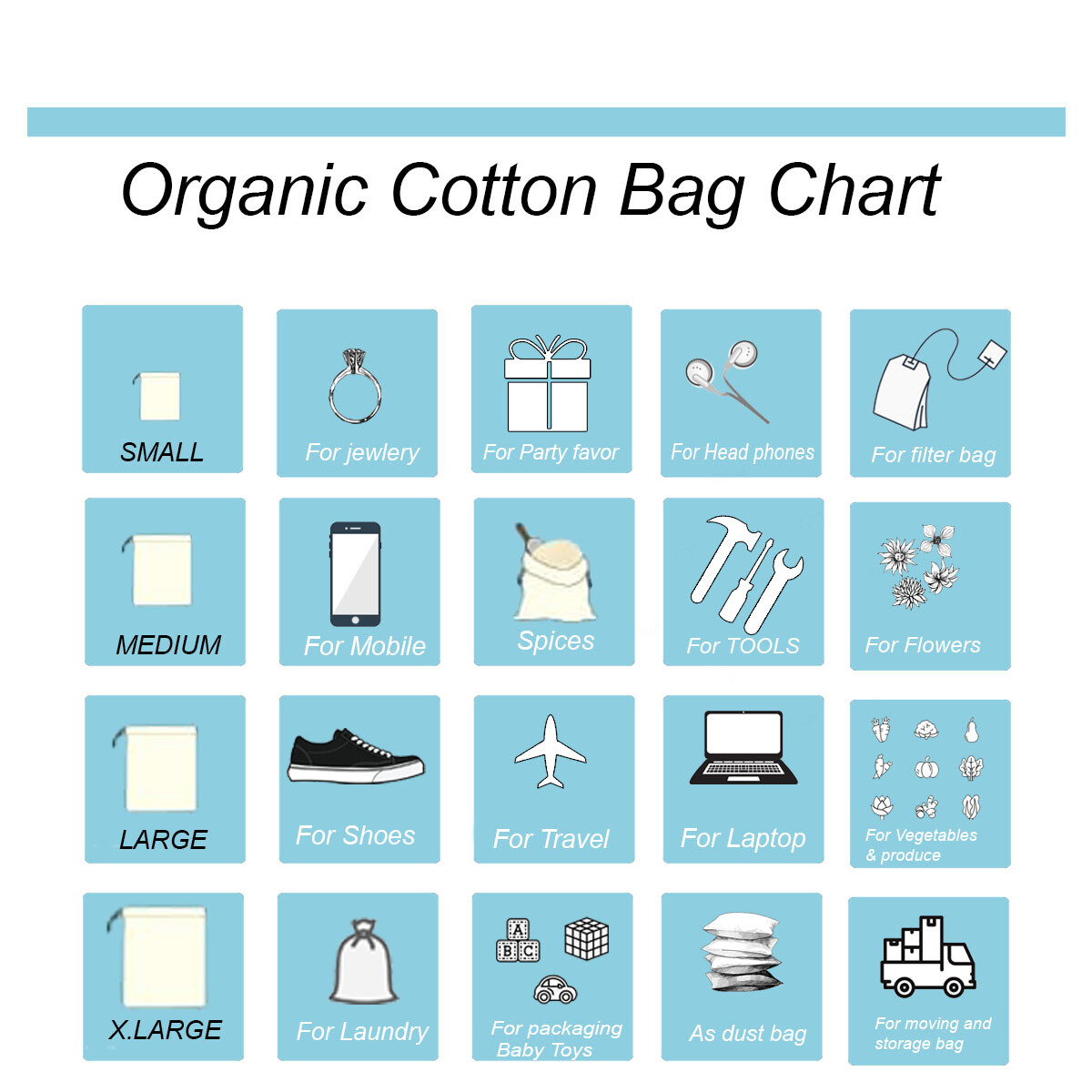 100% Cotton Reusable Produce Bags–Single Drawstring Multipurpose Storage Pouches