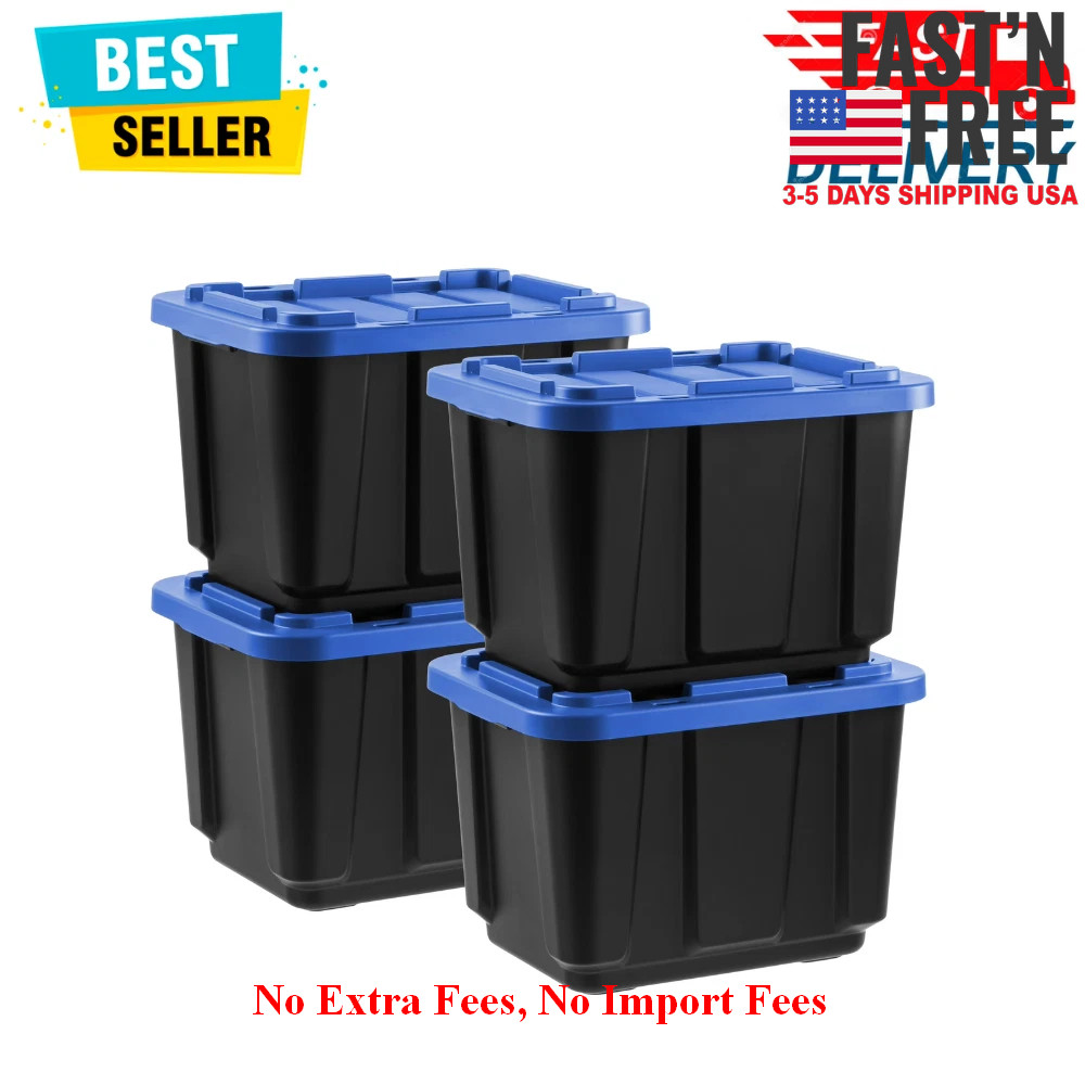 IRIS USA 12 Gal, Stackable Storage Totes, Plastic Bin with Lids, Black/Blue, 4PK