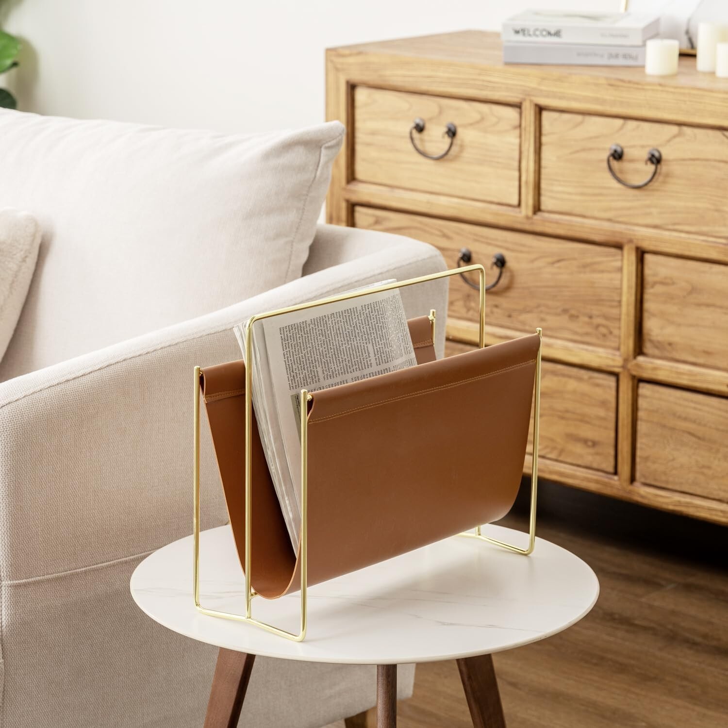 15 inch Caramel Leatherette Magazine Holder, Floor Standing Sling Style Rack