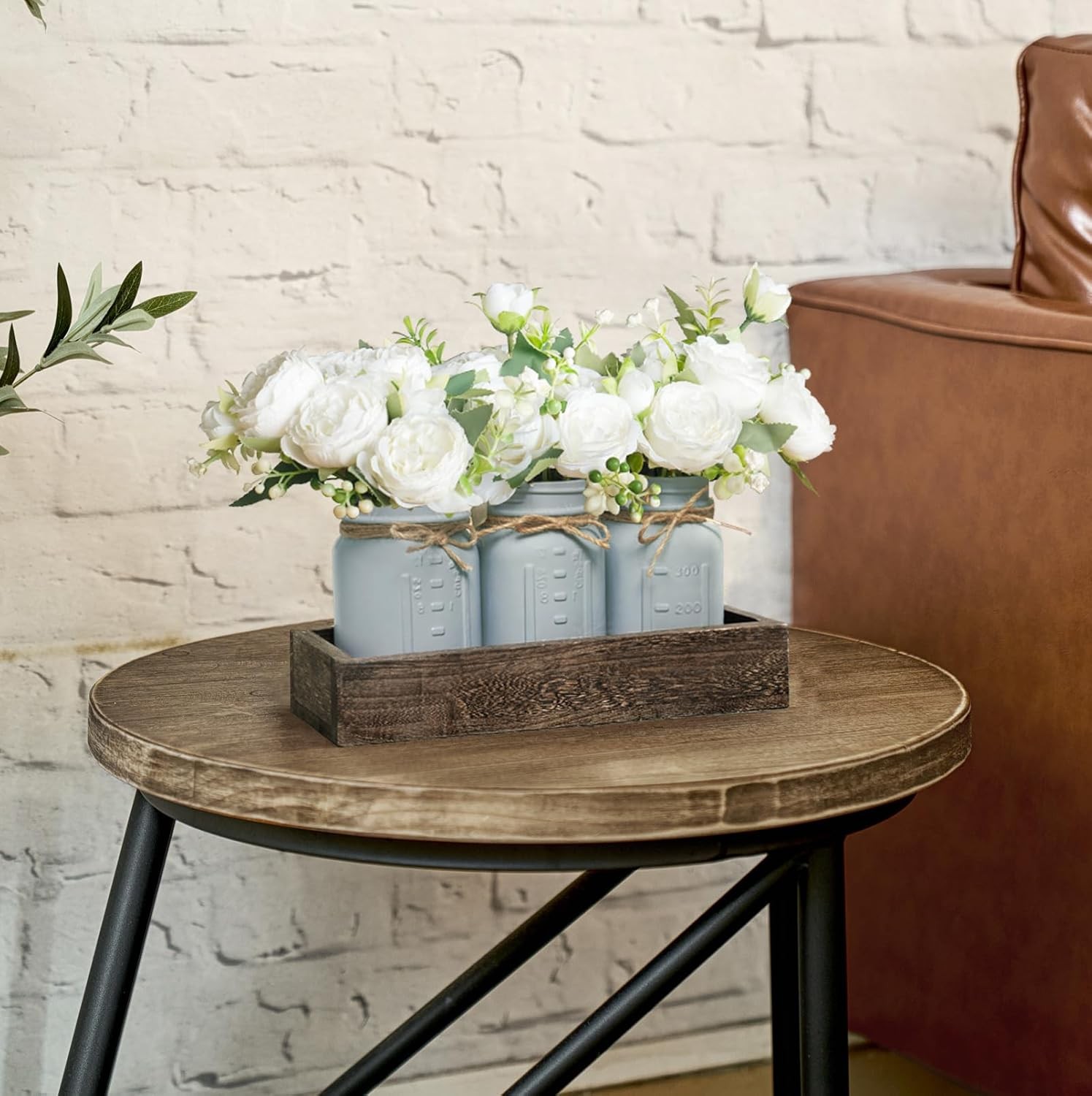 Mason Jar Table Centerpiece Decorative Wood Tray with 3 Painted Jars Artificial