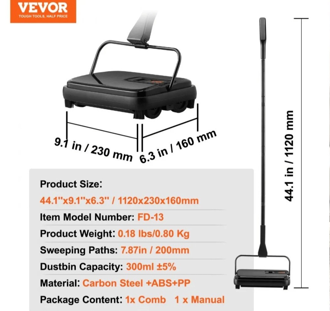VEVOR Carpet Sweeper Floor Sweeper Manual 7.87 in Sweeping Paths Non Electric