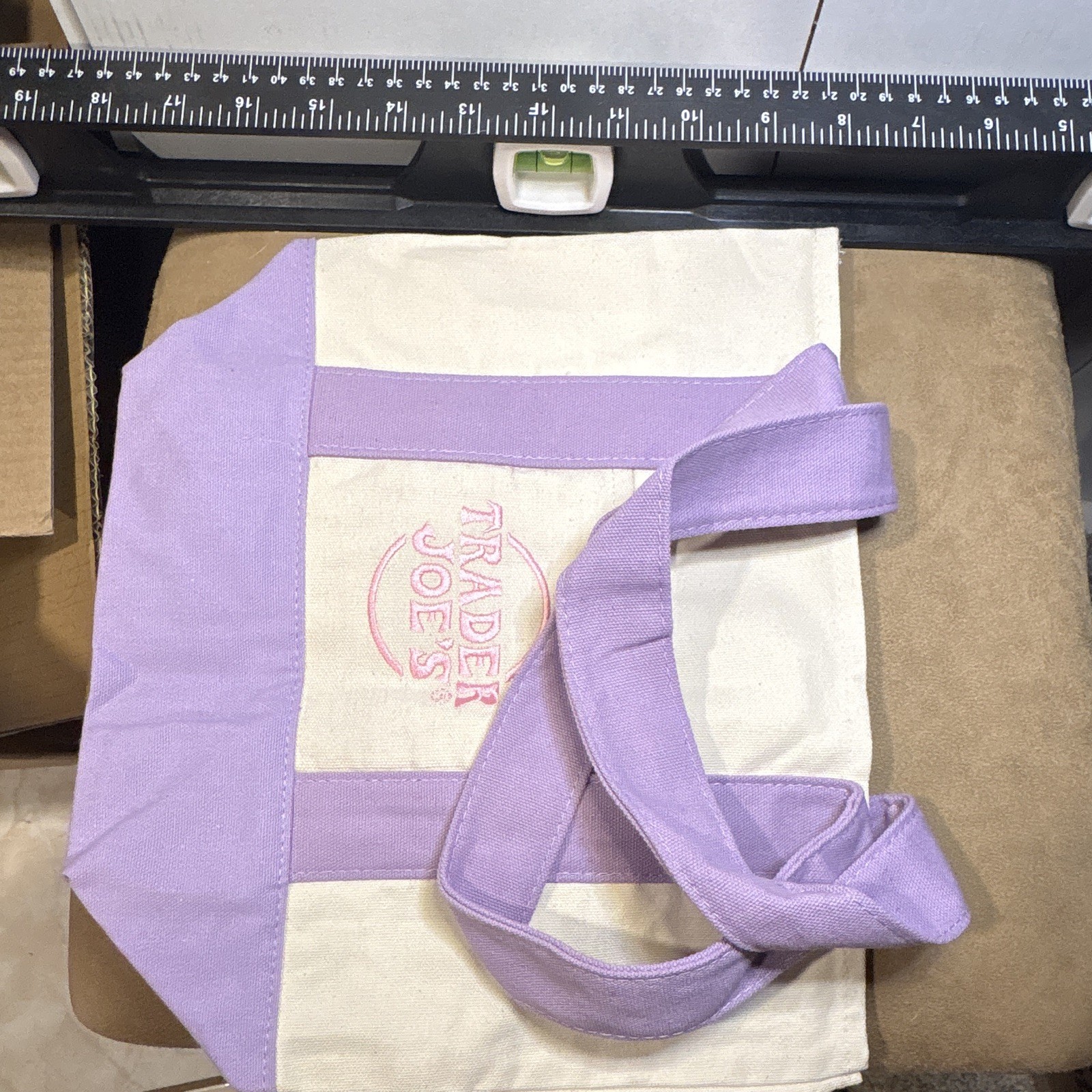 Trader Joe’s Canvas Reusable Tote Bag Purple/Beige Logo Large 17 x 6 x 13 in