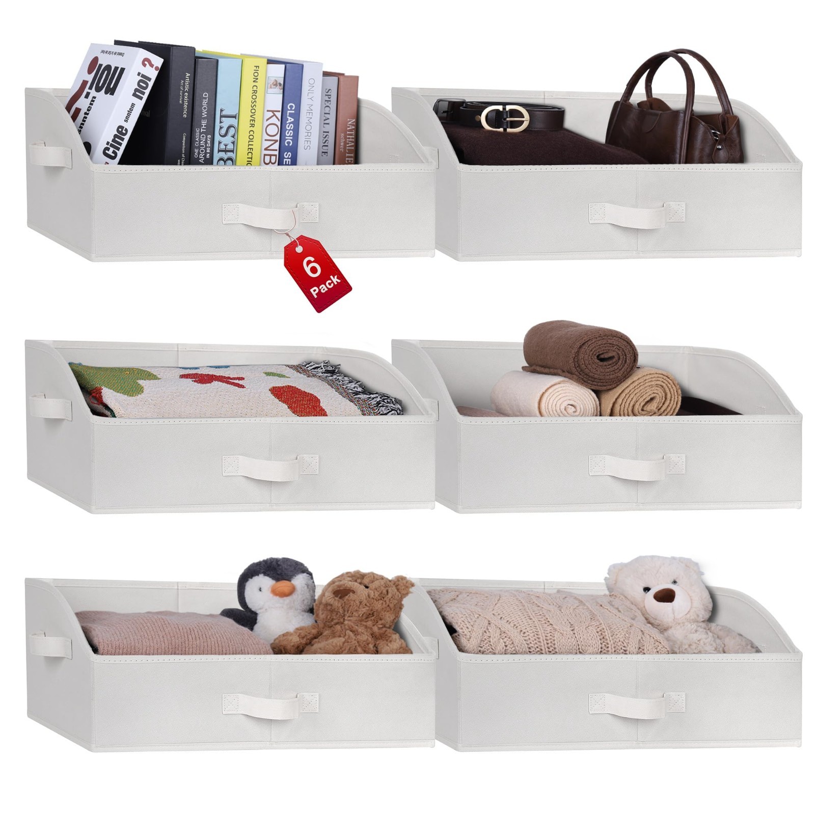 6 Pack XL Trapezoid Storage Bins – White & Beige Fabric Baskets with Handles for