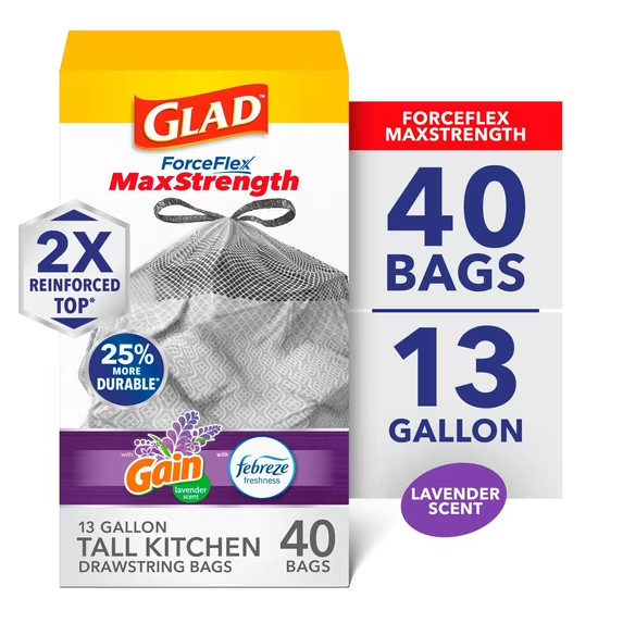 Glad ForceFlex MaxStrength Tall Kitchen Drawstring Trash Bags, 13 Gallon, Gain L