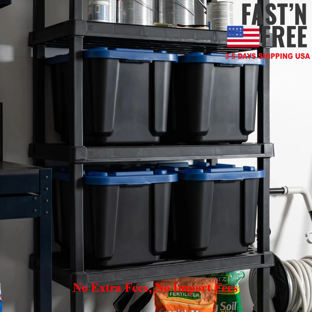 IRIS USA 12 Gal, Stackable Storage Totes, Plastic Bin with Lids, Black/Blue, 4PK