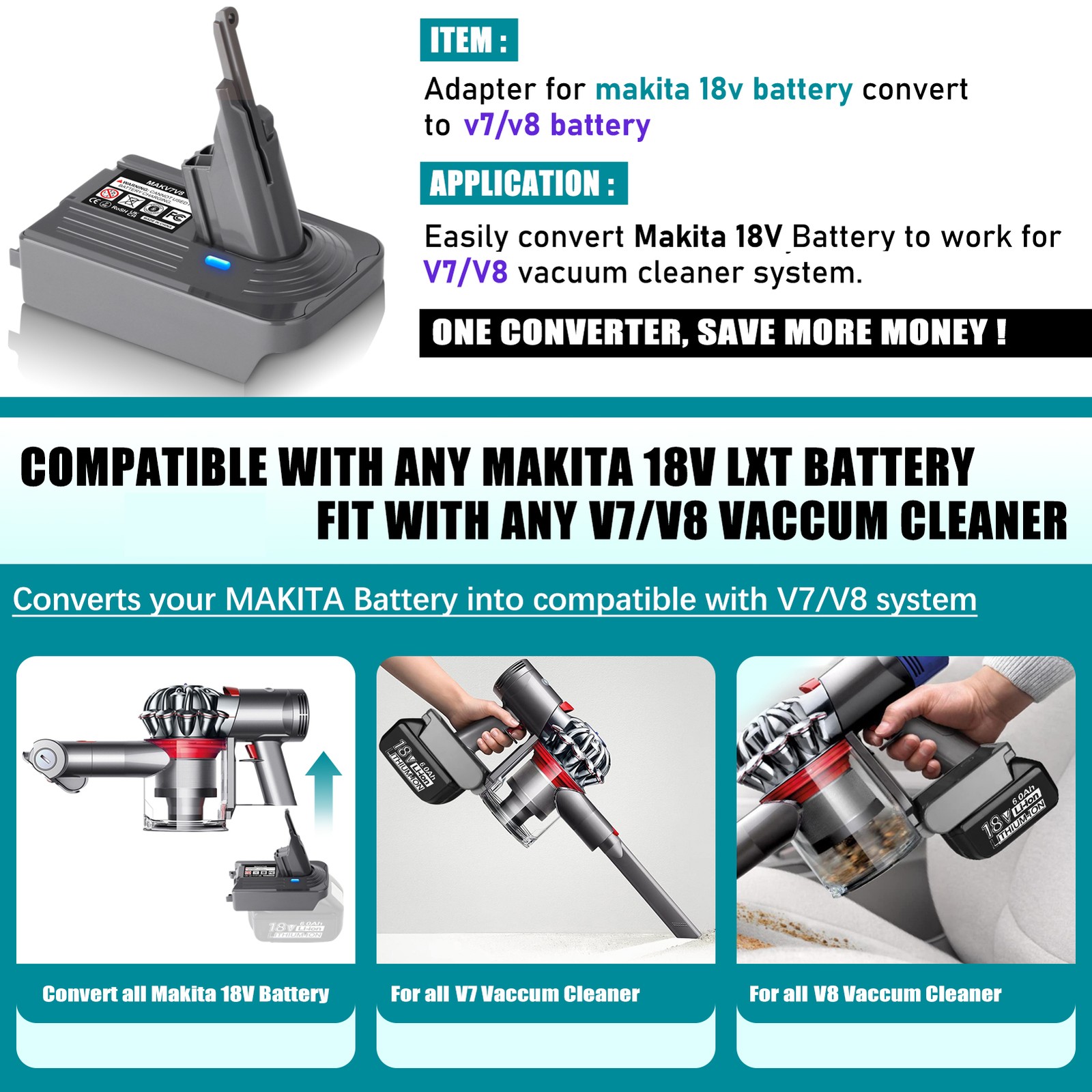 Adapter Vacuum Cleaner Convert for Makita 18V Battery to for Dyson DYS V7 / V8