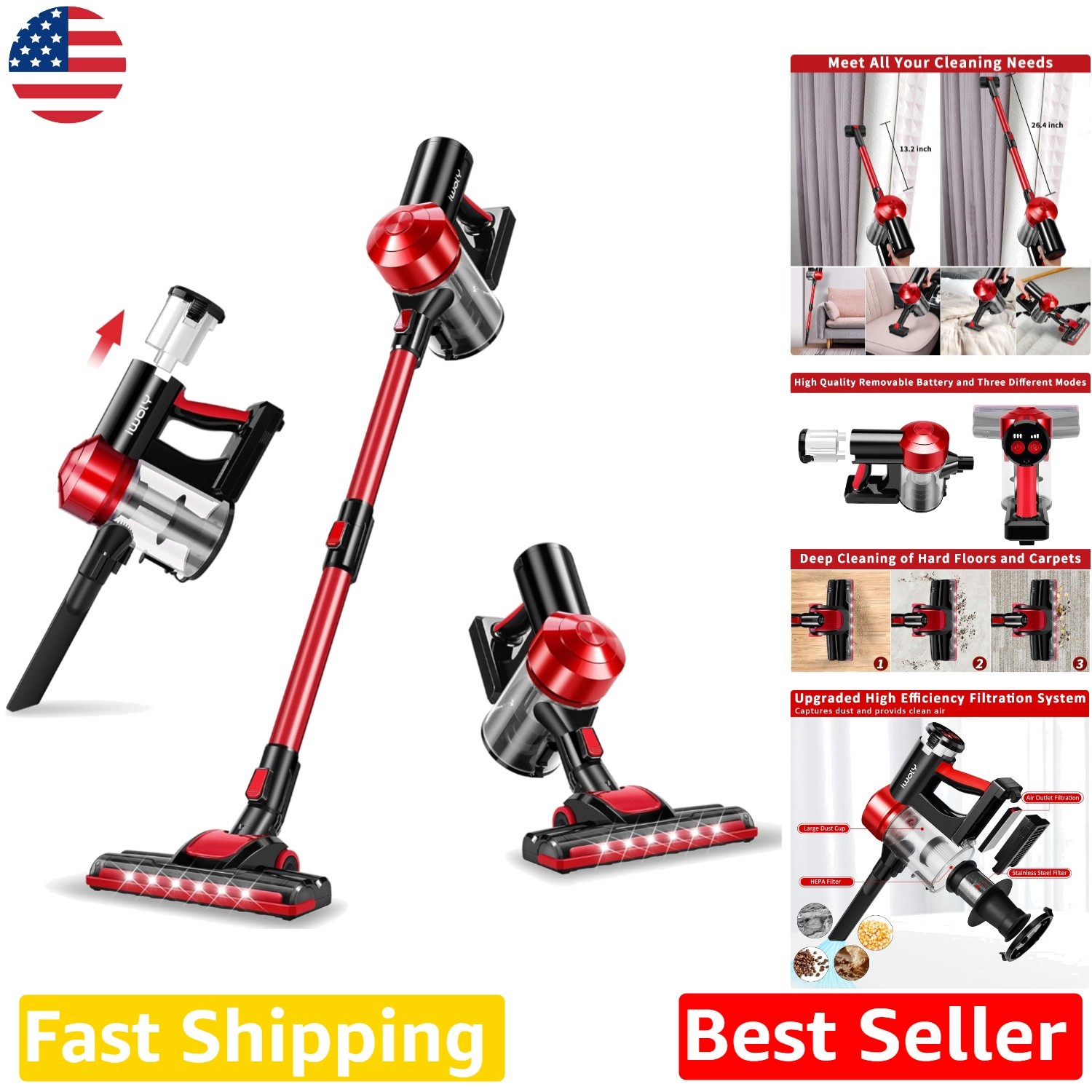 Cordless Vacuum 18000Pa HEPA Filter 35Min Runtime Lightweight Stick