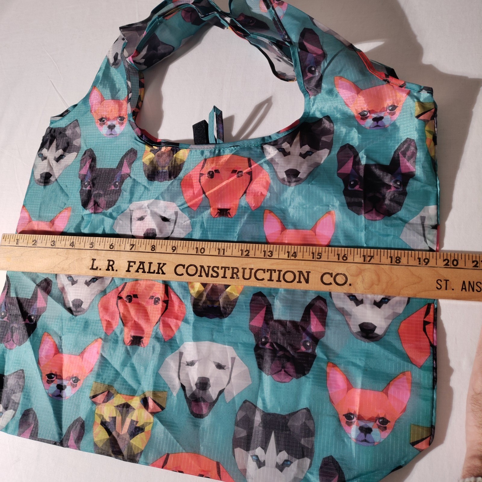 BeeGreen Reusable Nylon Shopping Teal/ Blue Tote Bag with Dog Faces All Over