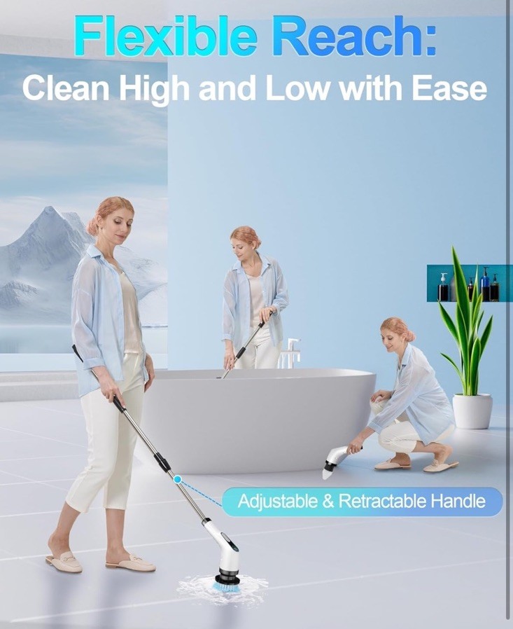 Cordless Electric Spin Scrubber with 7 Replaceable Attachments , Tub Tile Floor