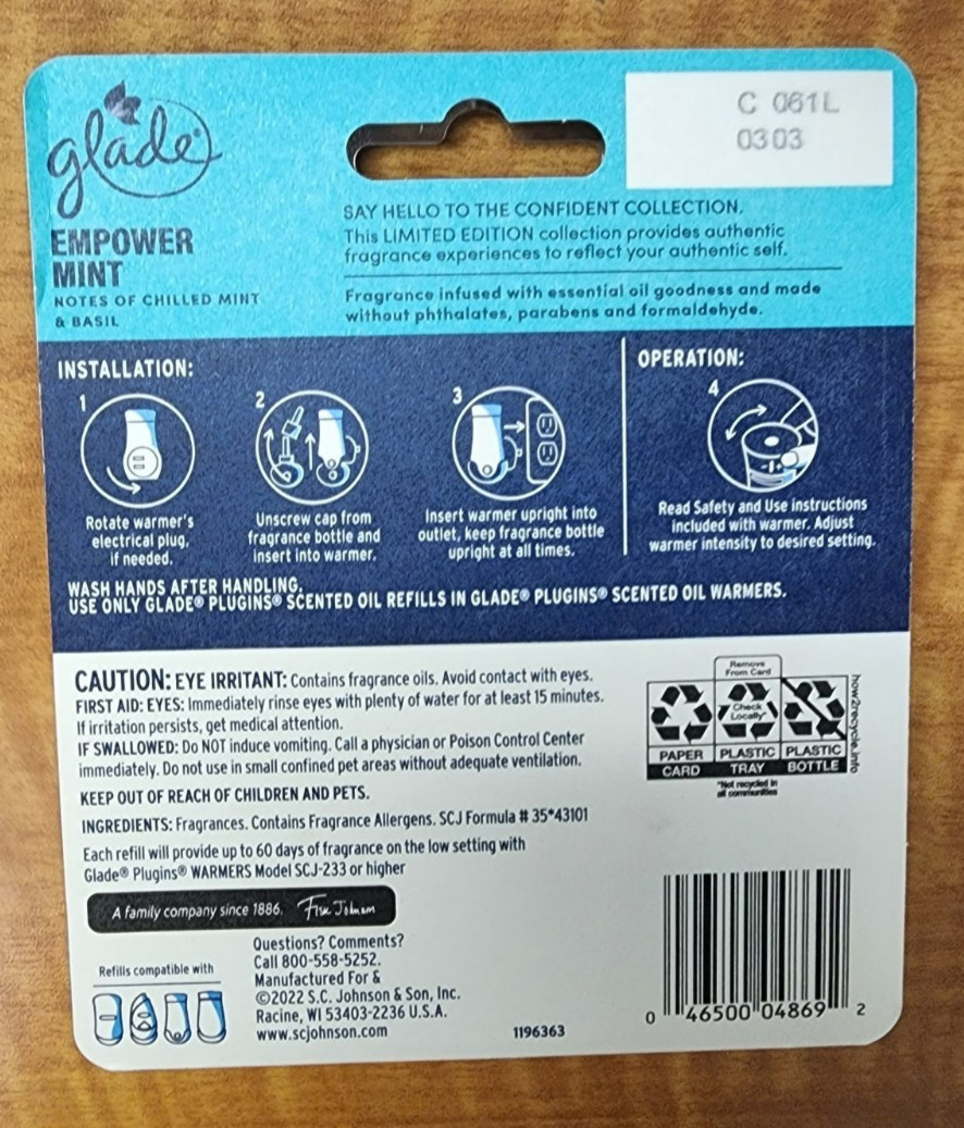 12 New Glade Empower Mint Oil Refills with Notes of Mint & Basil 0.67 Fl Oz Each