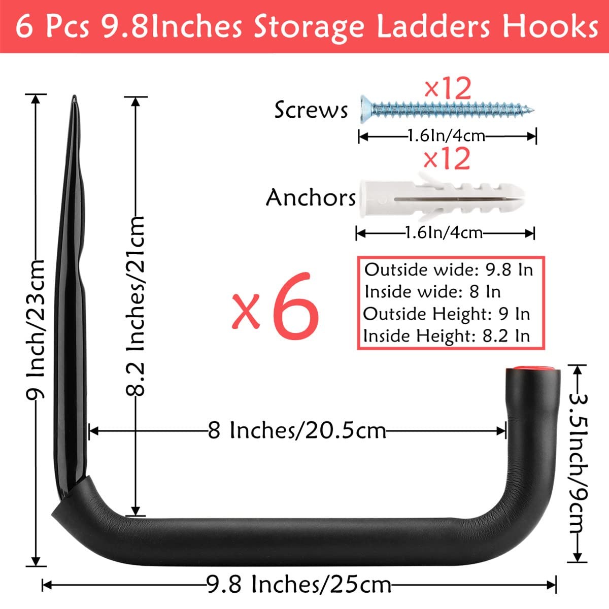 6 Pack Heavy Duty Garage Storage Hooks 9.8IN Wall Mount Utility Hangers