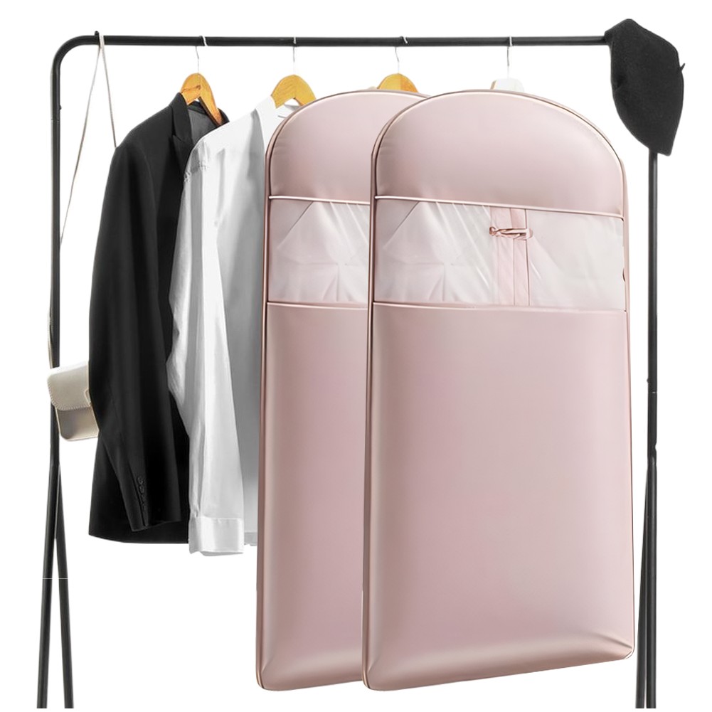 Space Saving Hanging Garment Bag w/ Self Compression Zipper Storage Bag(Pink L)
