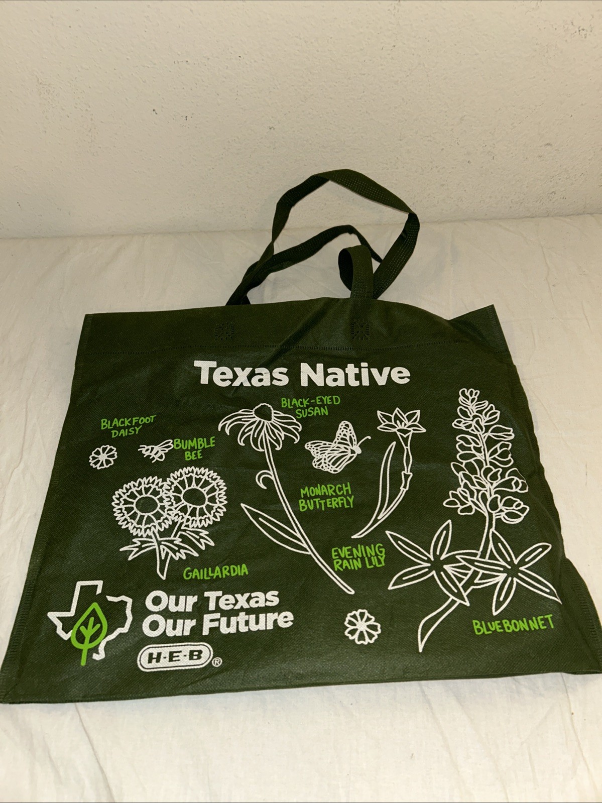 HEB Our Texas Our Future Reusable Shopping Bag Green Texas Native Flowers Tote