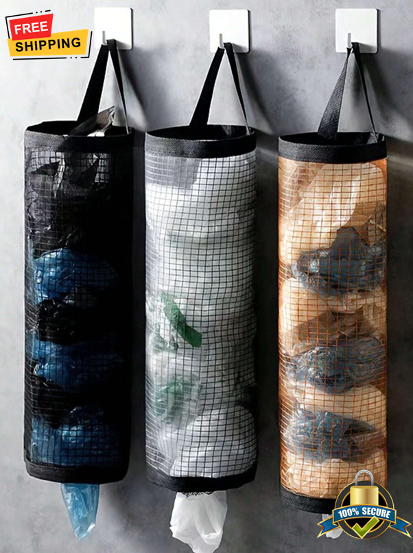 1pc Wall-Mounted Hanging Mesh Bag Organizer for Garbage Bags with Drawstring