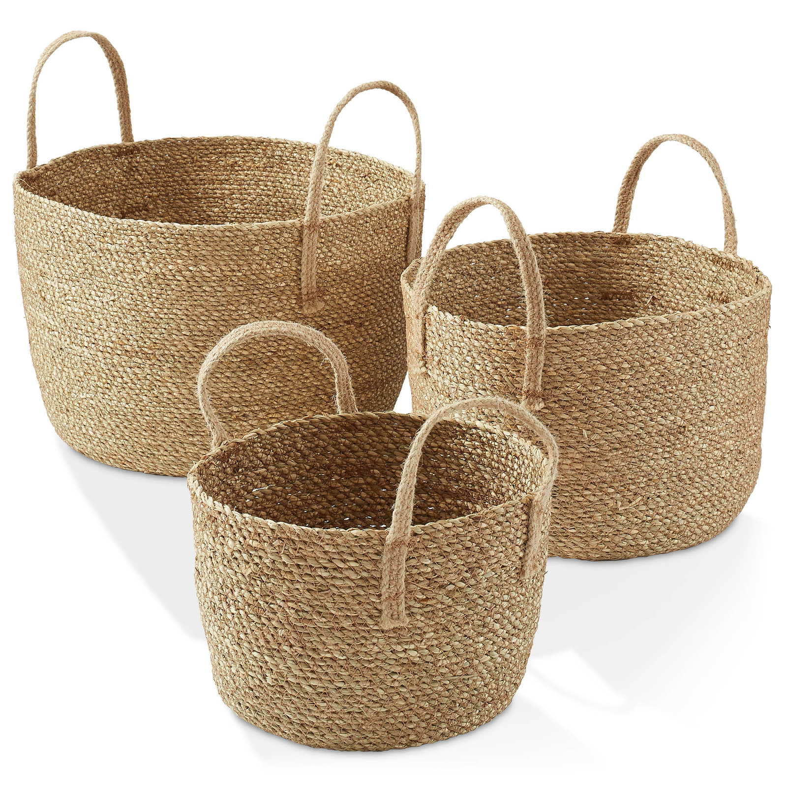 3pc Seagrass Basket Planters w Jute Handles, Boho Woven Storage Bin Plant Covers