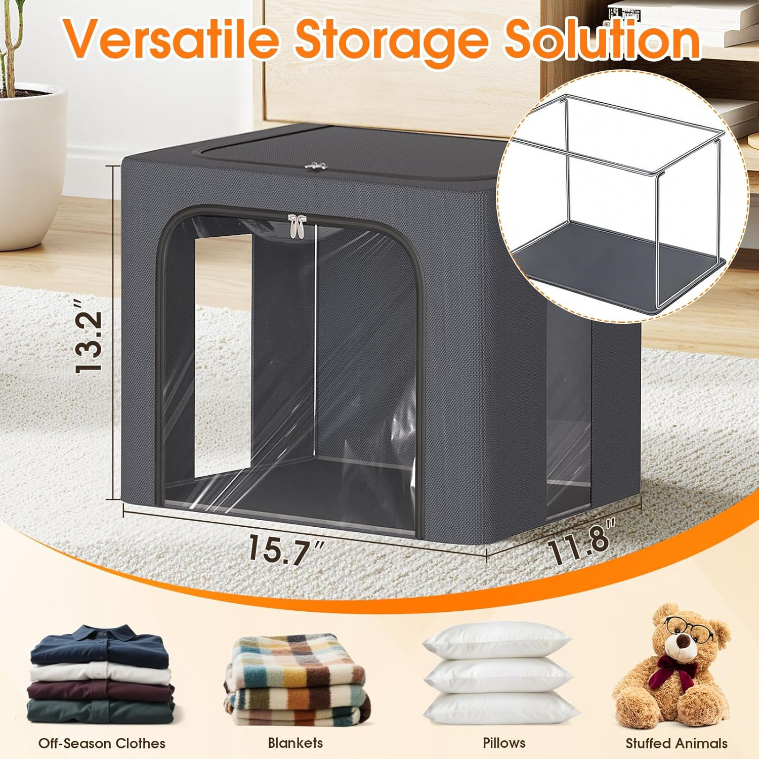 4 Pack Clothes Storage Bins with Metal Frame, Light Grey, 40L | Foldable Storage
