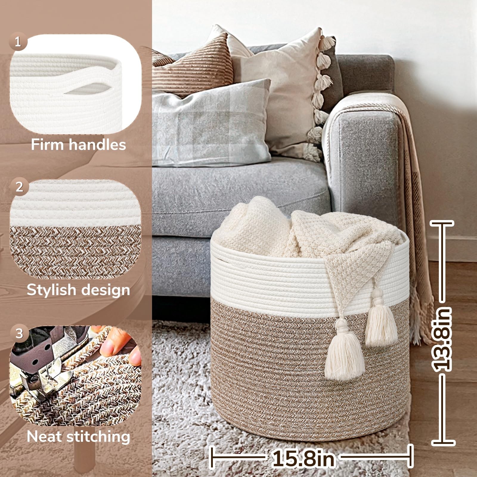 15.8 x 15.8 x 13.8 Inches Blanket Basket – Cotton Rope Baskets for Blankets &…