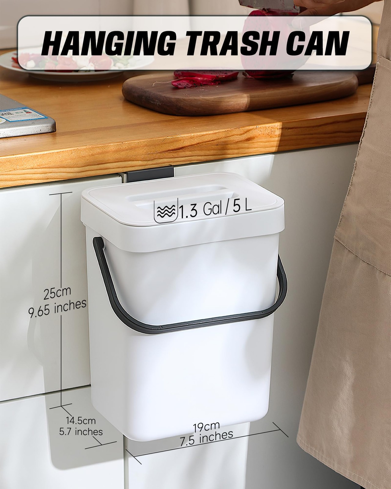1.3 Gal Compost Bin, Hanging Small Trash Can with Lid, 5L/White