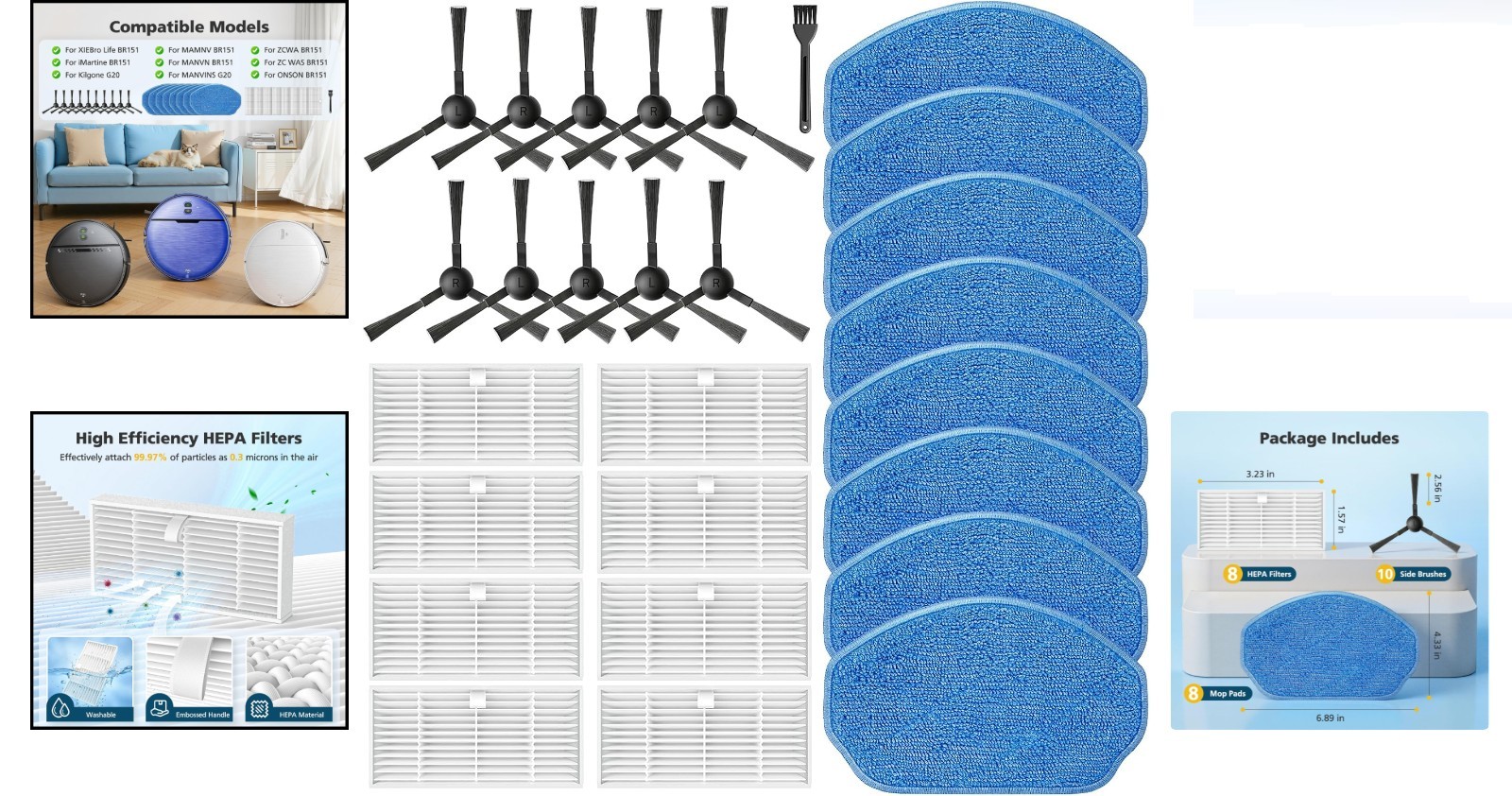 27 Pack Replacement Parts for BR151 Robot Vacuum Filters Mop Pads Side Brushes