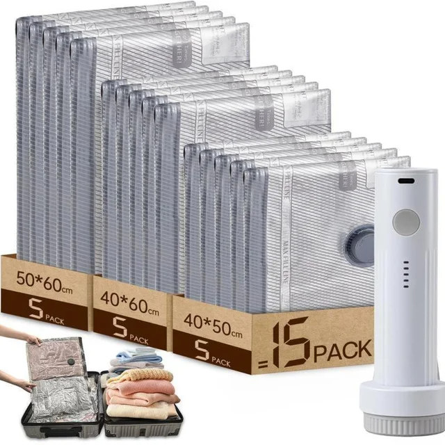 15 Pack Travel Vacuum Bags with Rechargeable Pump 3 Sizes for Clothing