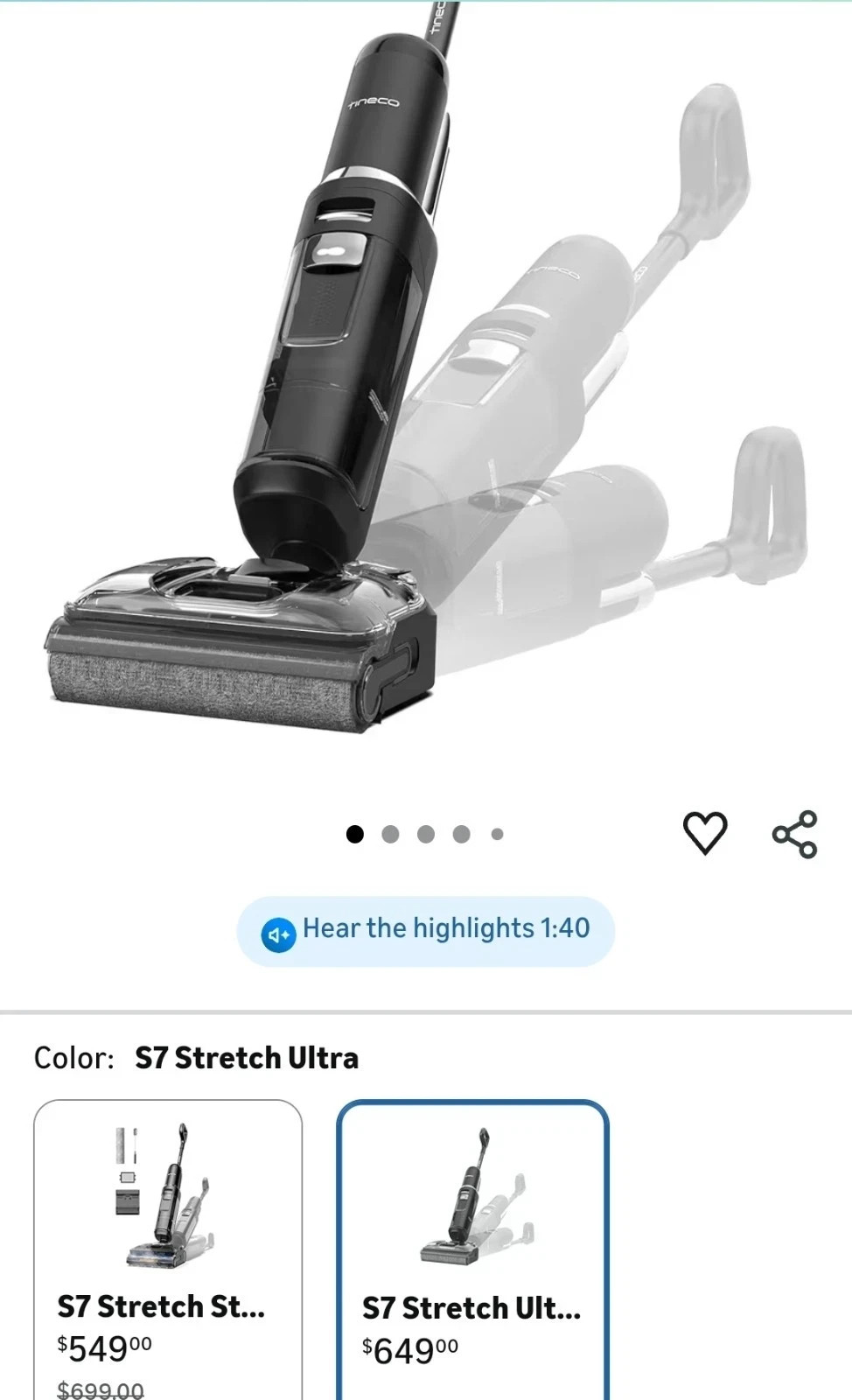 Tineco Floor ONE S7 Stretch Ultra Cordless Wet Dry Vacuum Cleaner, 180°Lay-Flat