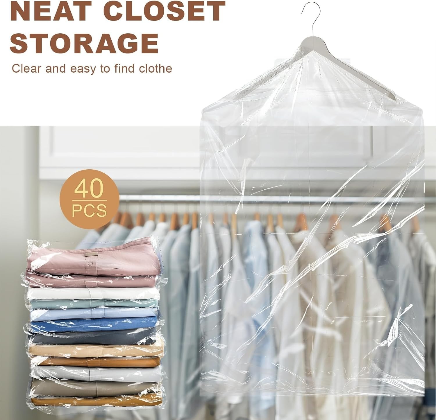 40 Pcs Dry Cleaner Clothes Covers Plastic Clear Garment Bags for Clothes 60x90cm