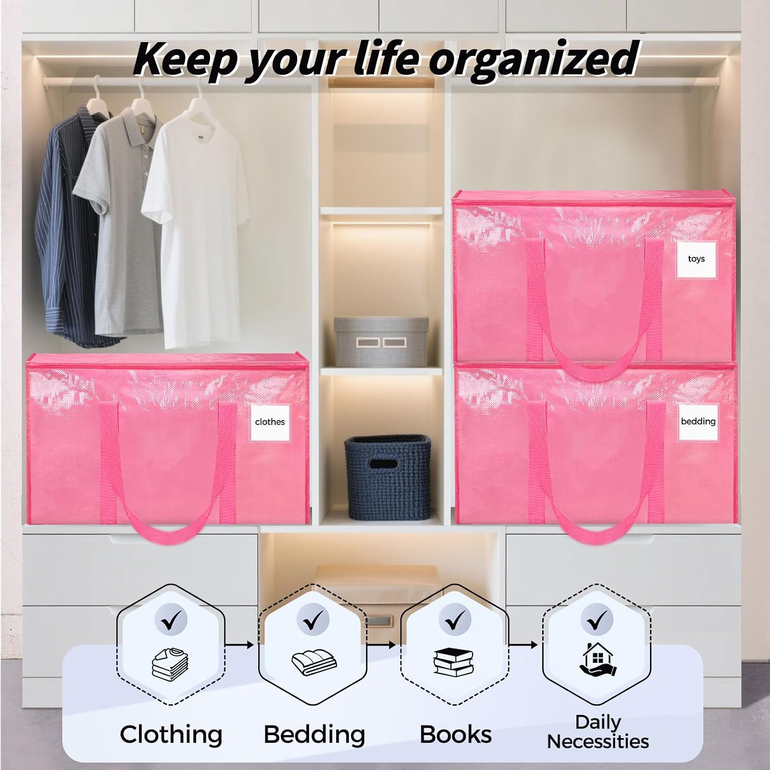 8 Pack Extra Large Clothes Storage Bins with Lids, Moving Bags, Pink | Storage B