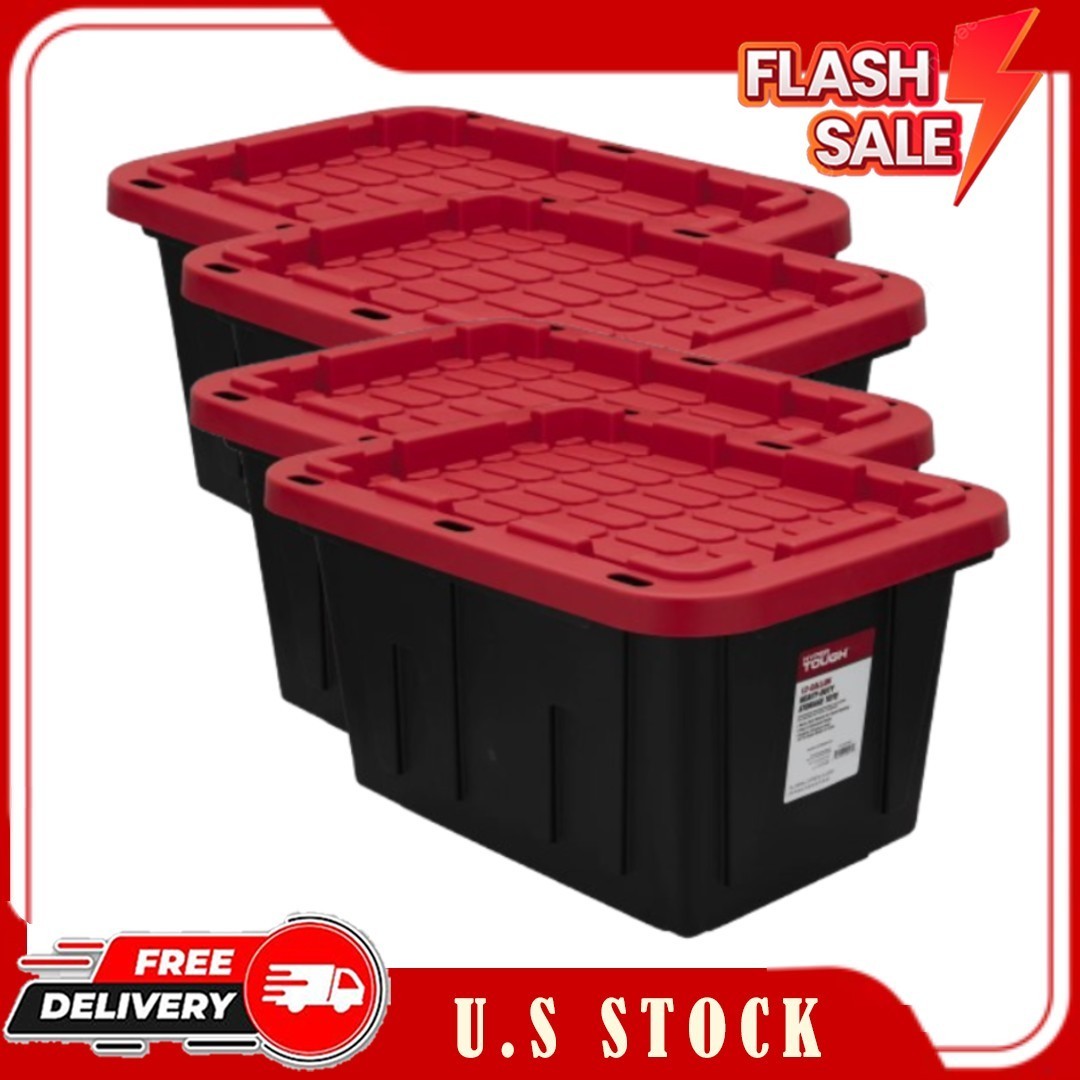 4 Pack Hyper Tough 12 Gal Heavy Duty Storage Bins Snap Lid Black & Red