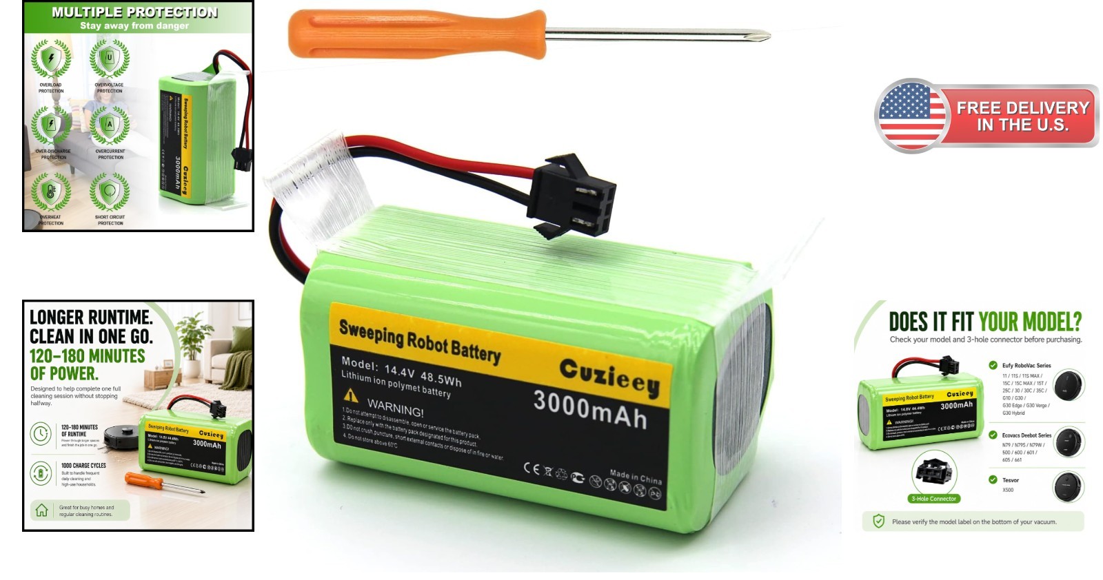 Robot Vacuum Battery Pack 14.4V 3000mAh – Long Lasting 120-180 Minutes Runtime