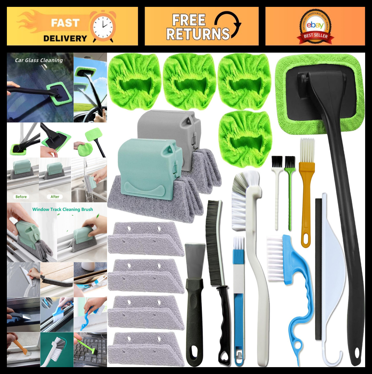 20Pcs Window Cleaning Kit – Squeegee, Brushes, Microfiber Pads for Glass & Mirro