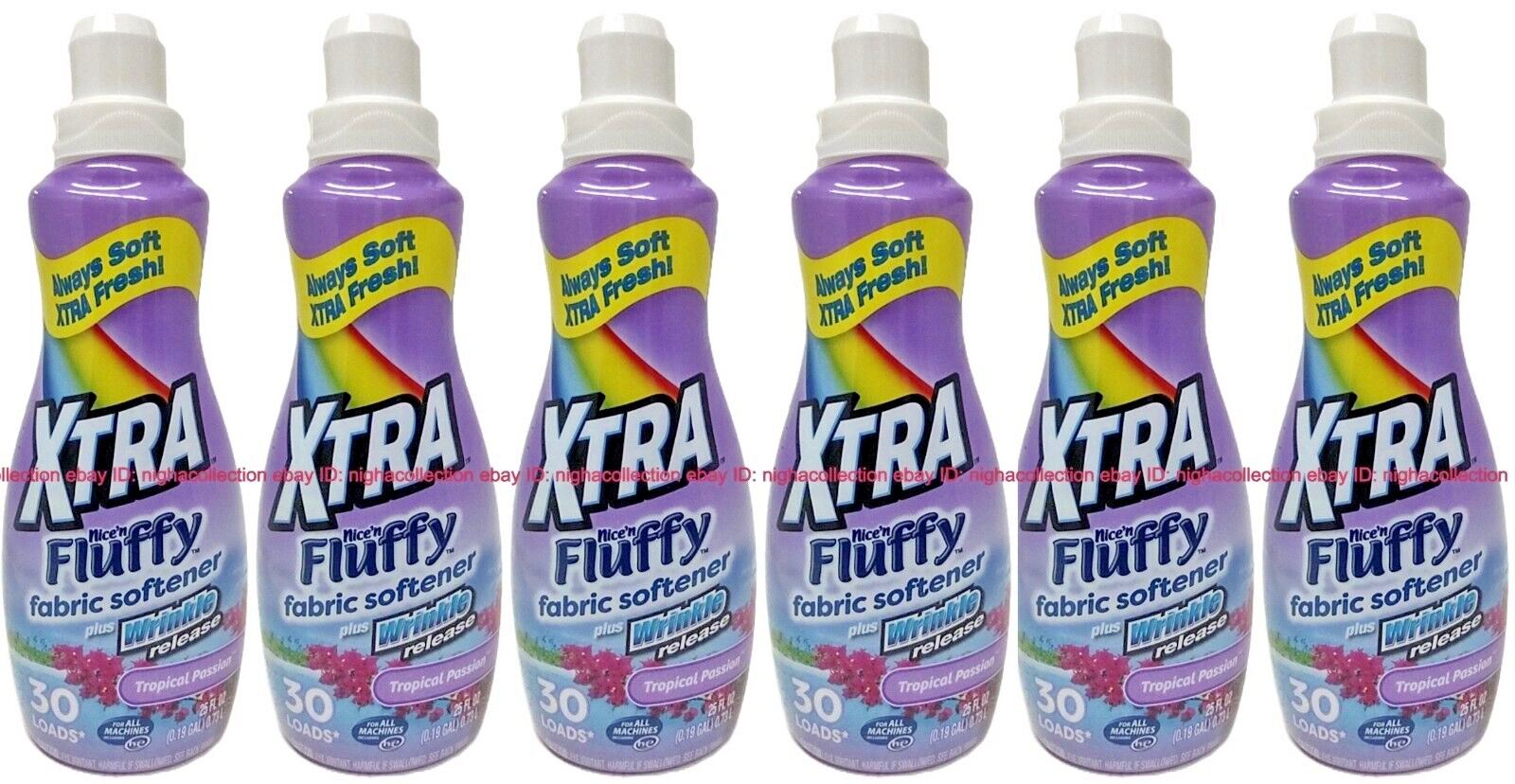 6x xtranice’n Fluffy Liquid Fabric Softener Tropical Passion 25 oz Ea =180 Loads