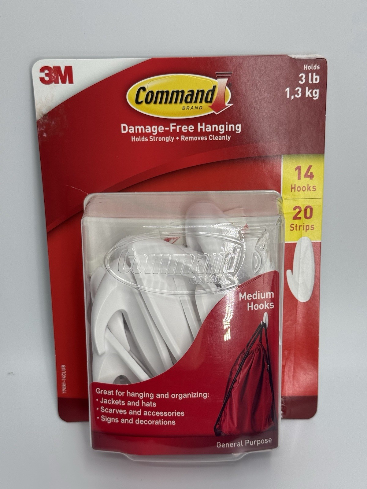 3M Command Brand Medium General Purpose Hooks, White, 14 Hooks & 20 strips, 3lbs