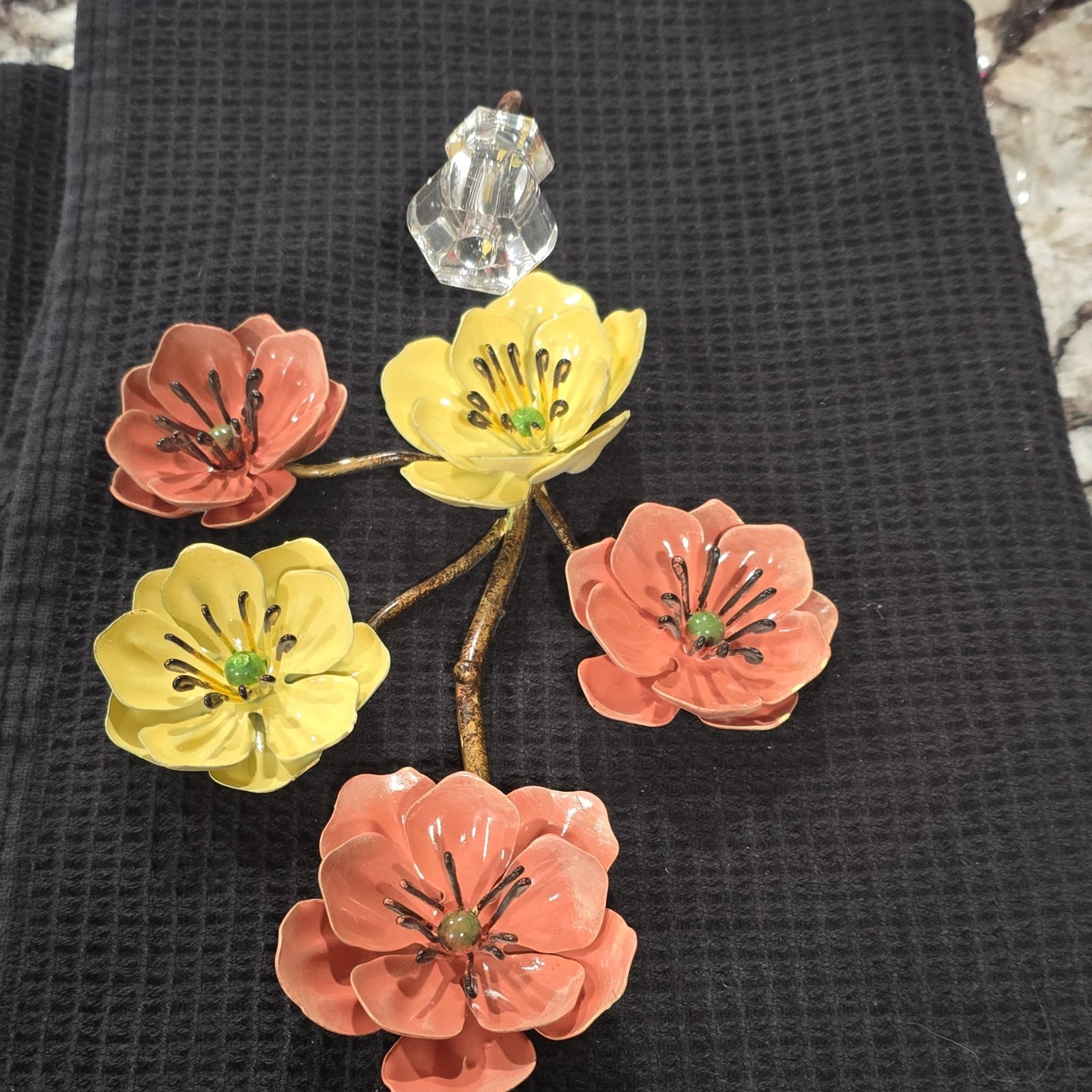Floral Branch Decorative Wall Hook Art Nouveau Metal Yellow Pink Gold Glossy