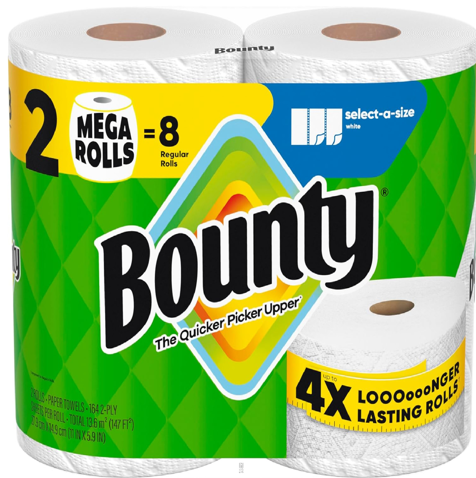 Bounty Select-A-Size Paper Towels, White, 2 Mega Rolls = 8 Regular Rolls