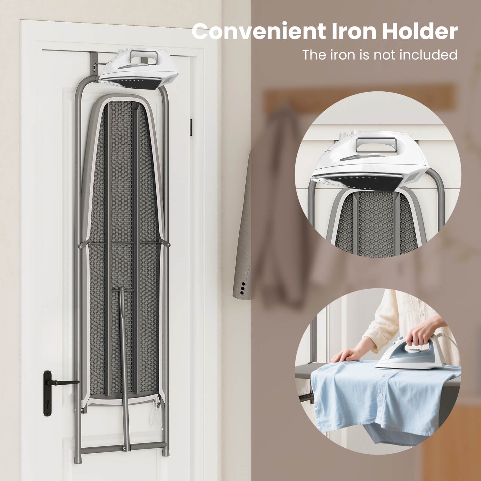 Space-Saving Over the Door Ironing Board w/ Iron Holder & Cotton Cover Gray