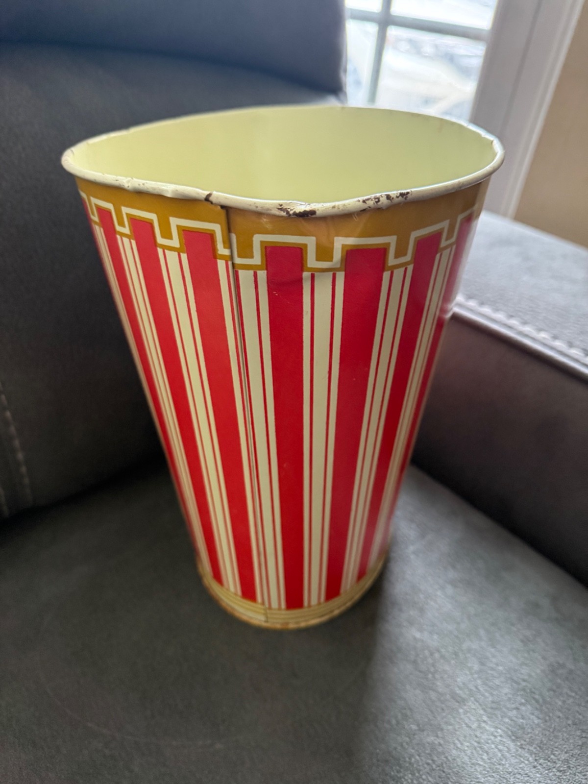 VTG Cheinco Garbage Tin Can Red Stripes 9.5 in tall