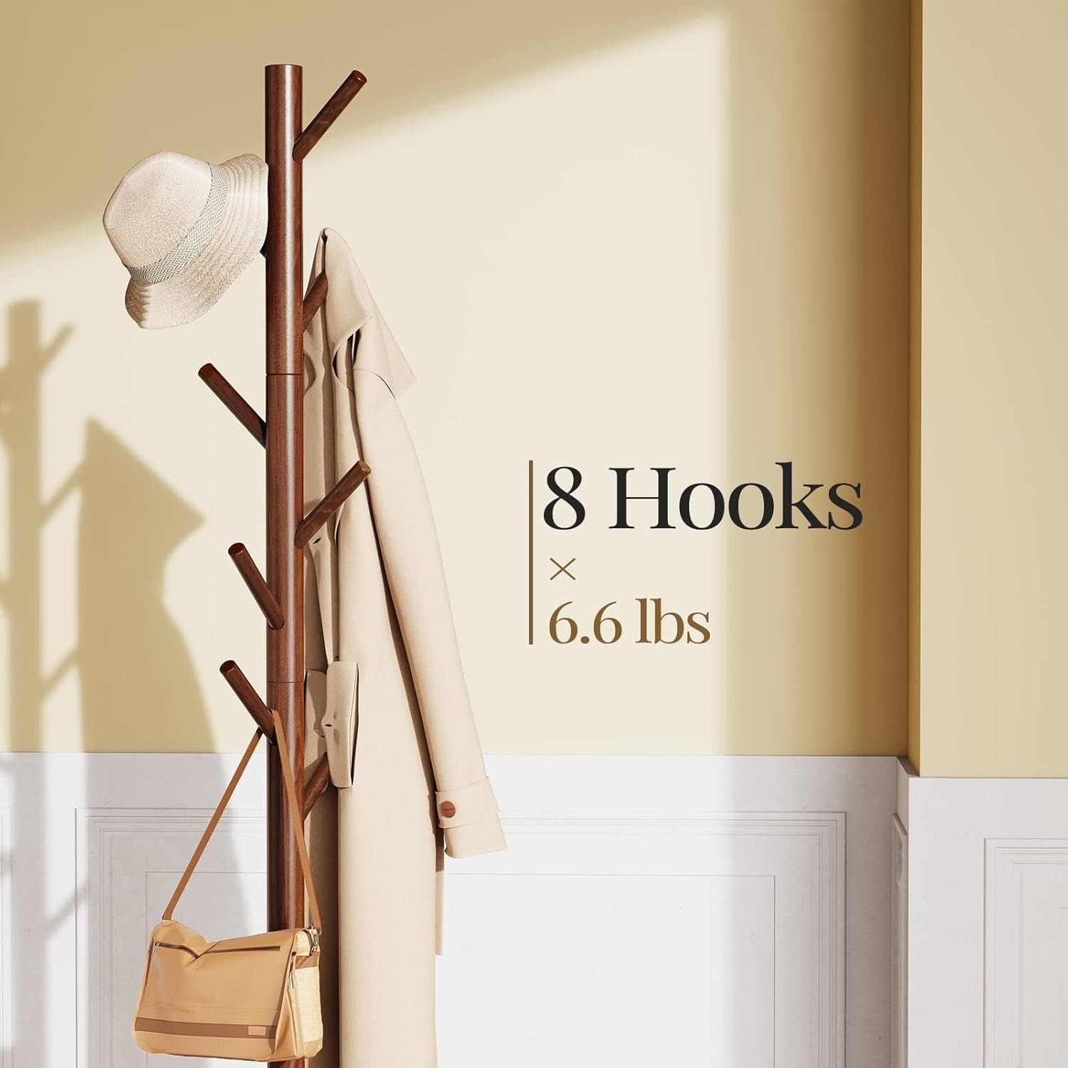 Sturdy Wooden Coat Tree with 8 Hooks, 3 Adjustable Sizes for Clothes, Hat Sta…
