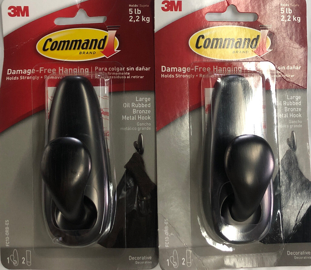 NEW (2) Large Oil Rubbed Bronze COMMAND Metal Hooks & 4 Strips FC13-ORB-ES 5 Lbs
