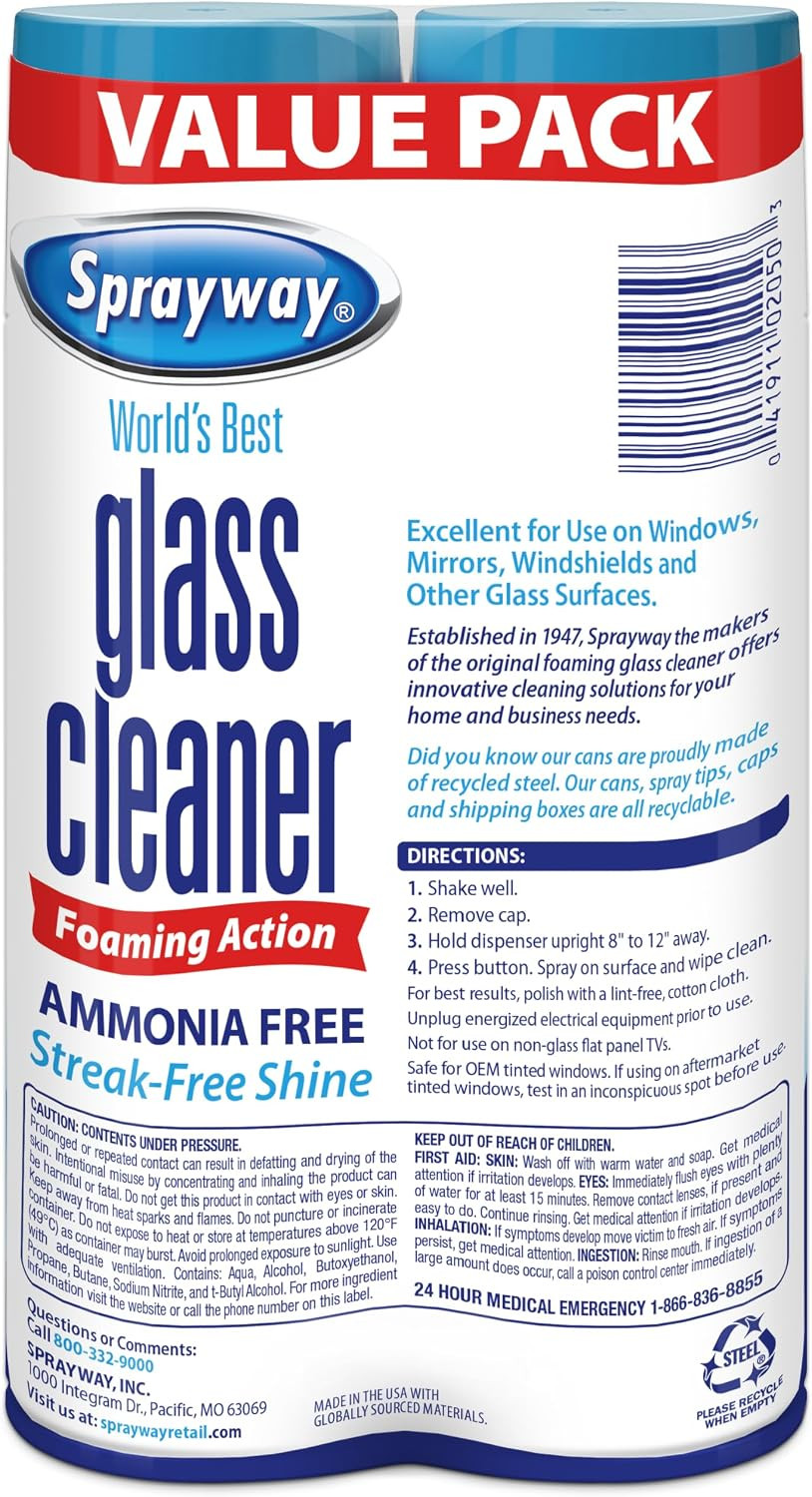 Sprayway Glass Cleaner Foaming Aerosol Spray, 19Oz, Pack of 2 | Ammonia-Free, St