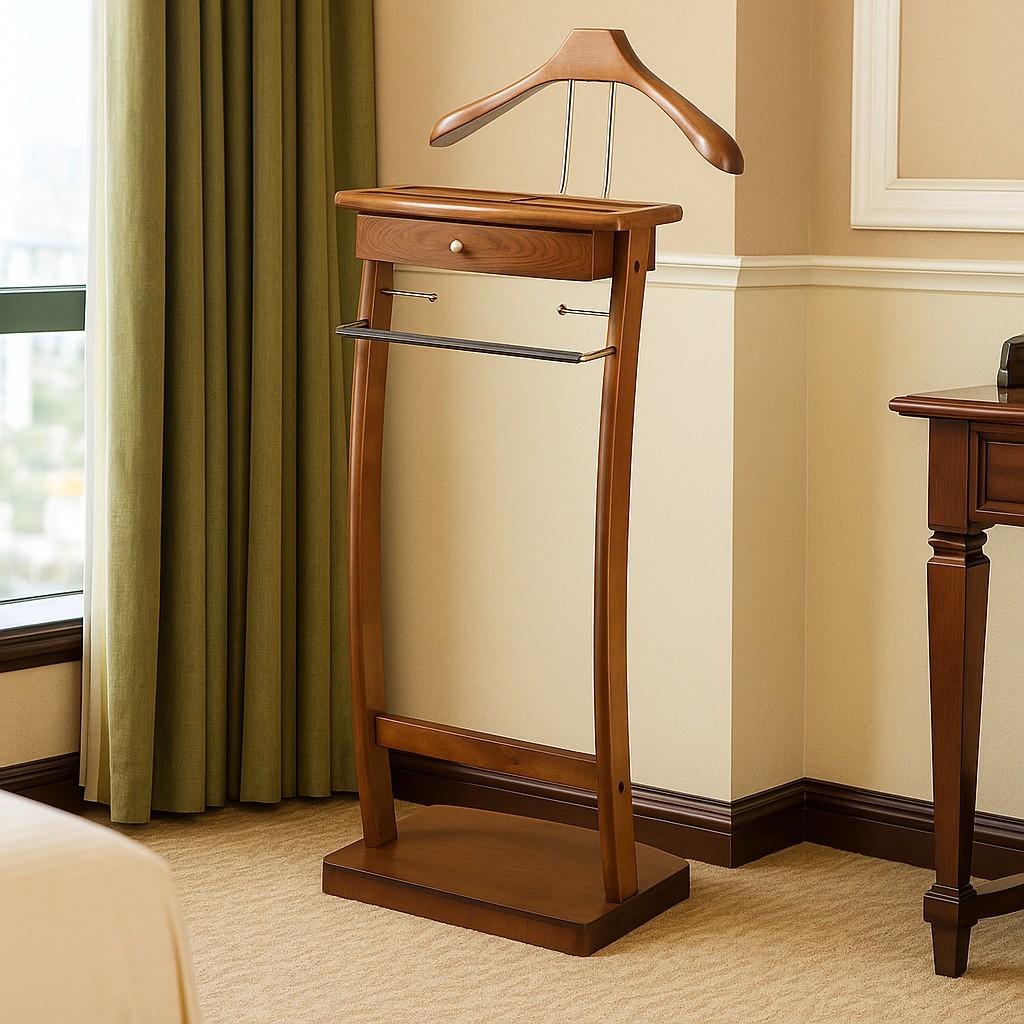 Wooden Valet Stand with Drawer, Hanger & Shoe Rack, Mens Clothes Organizer